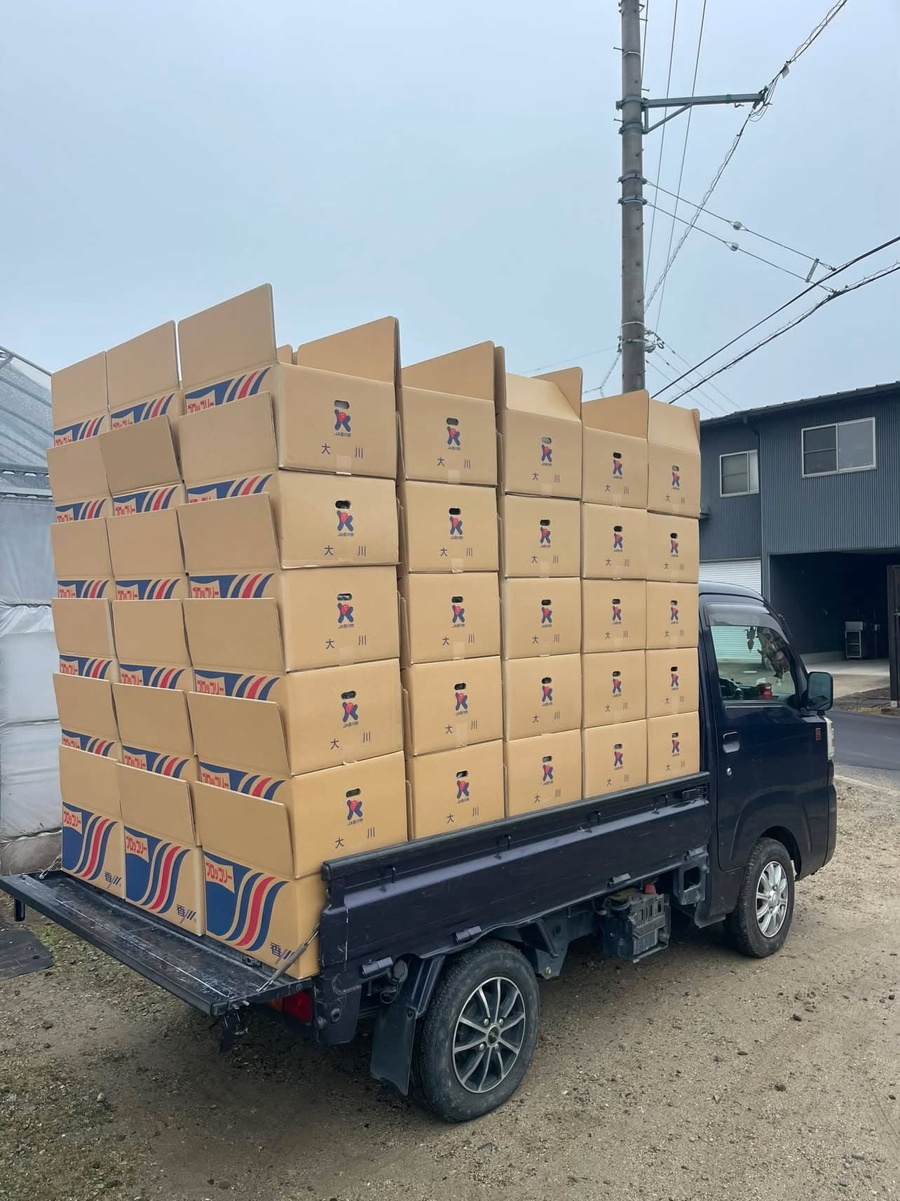 A kei truck stacked high with shipping boxes