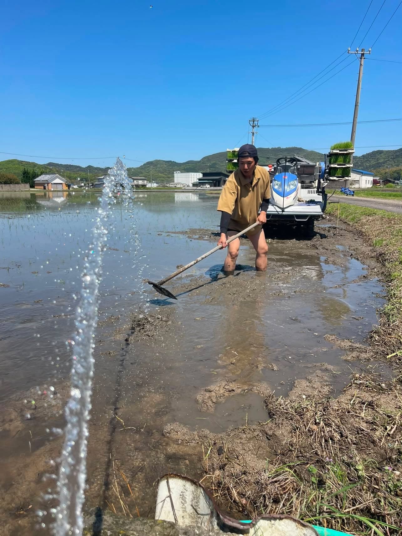 Shohei Sakashita levelling the flooded paddy by hand on planting day